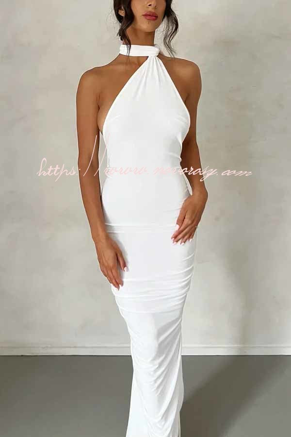 Grecian Inspired One Shoulder Side Metal Circle Design Backless Stretch Maxi Dress