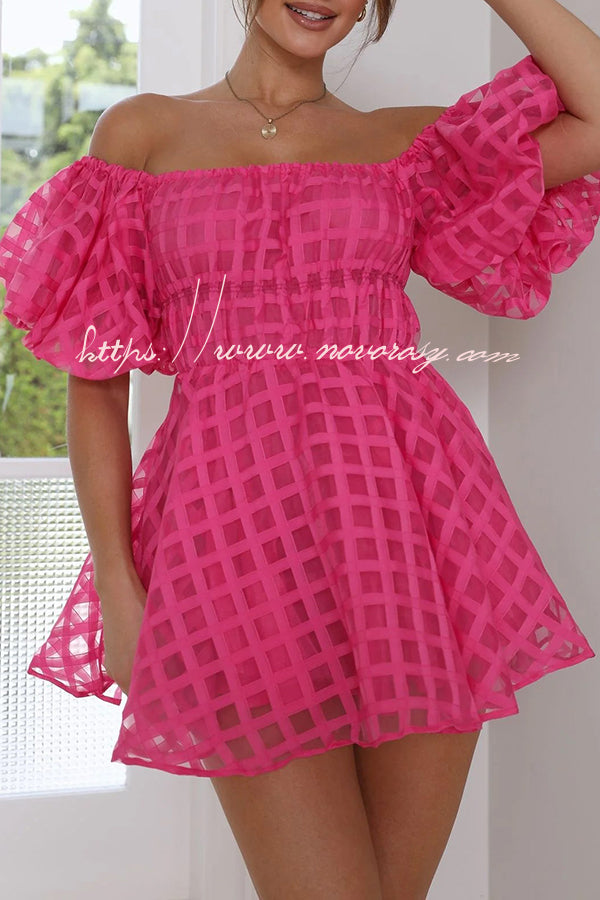 Barbie Night Square Patterned Fabric Puff Sleeve Elastic Waist Mini Dress