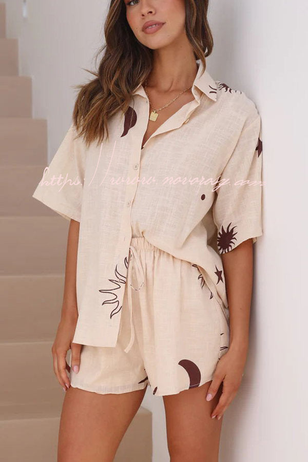 Camilla Linen Blend Printed Button Up Shirt and Elastic Waist Shorts Set