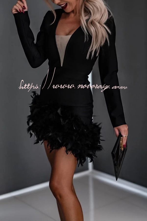 Make Your Entrance Feather Long Sleeve Asymmetric Party Mini Dress