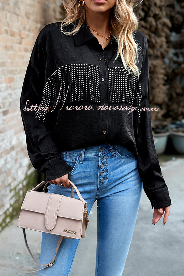 Solid Color Single Breasted Fringed Long Sleeve Shirt