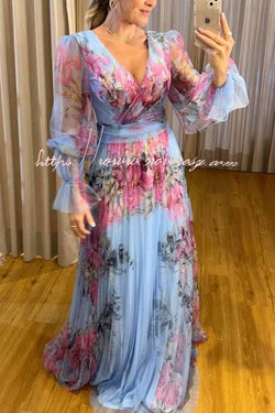 Sweet Sayings Watercolor Floral Patchwork Tulle Pleated Maxi Dress