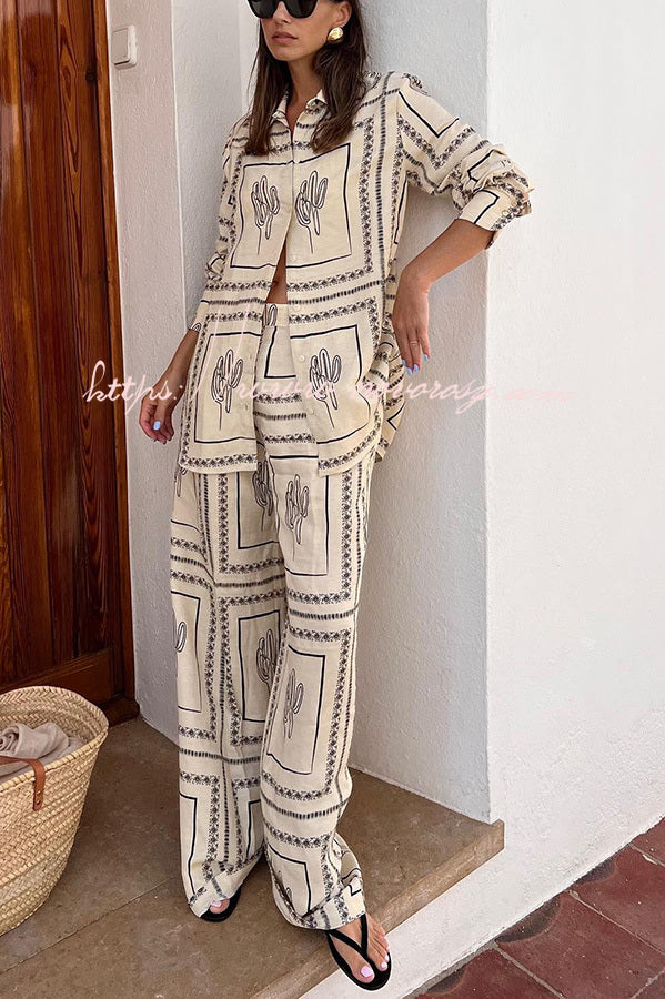 Kiele Linen Blend Abstract Geometric Lines Relaxed Blouse