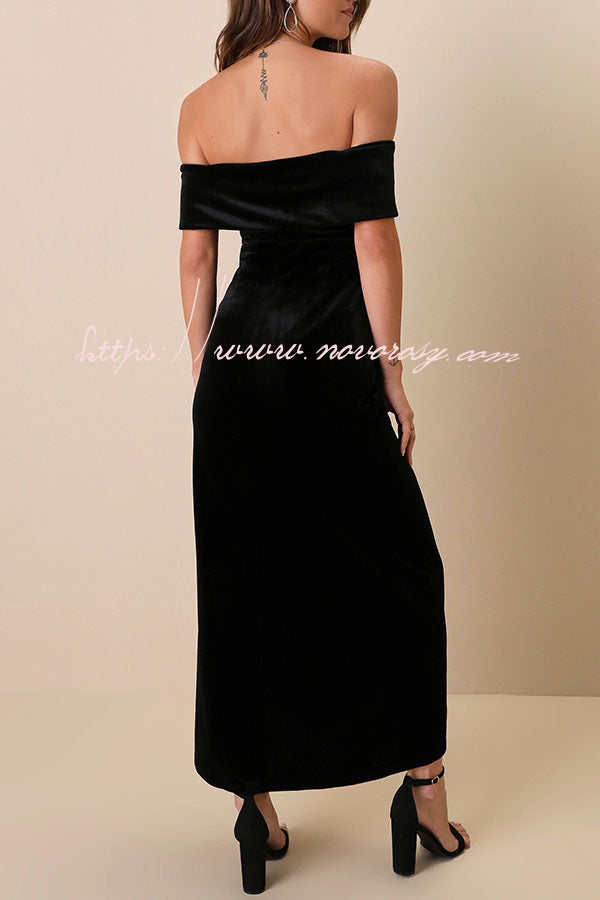 Enchanted Black Velvet Off The Shoulder Midi Dress
