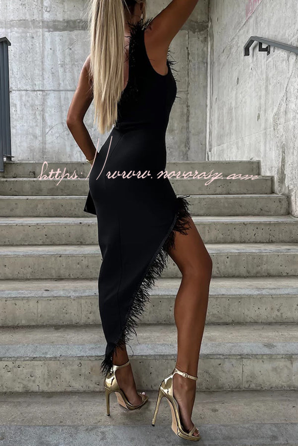 Solid Color Sleeveless Wrapped Chest Irregular Feather Midi Dress