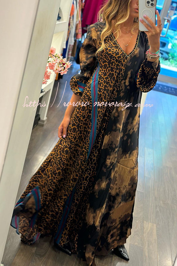 Touch of Fall Tie-dye Leopard Colorblock A-line Swing Maxi Dress