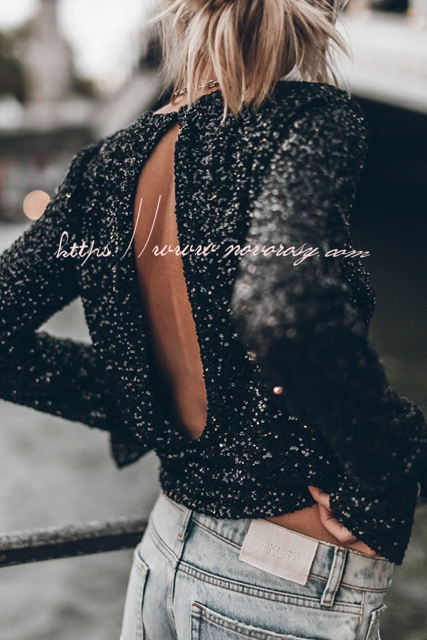 Exclusive Party Sequin Extra Long Slit Sleeves Open Back Top