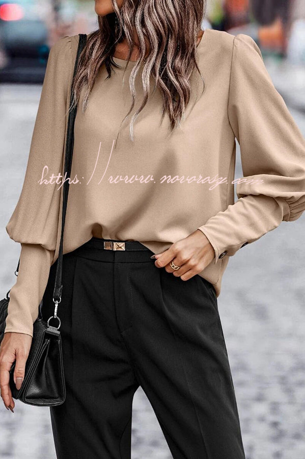 Long Sleeve Back Button Solid Color Casual Top