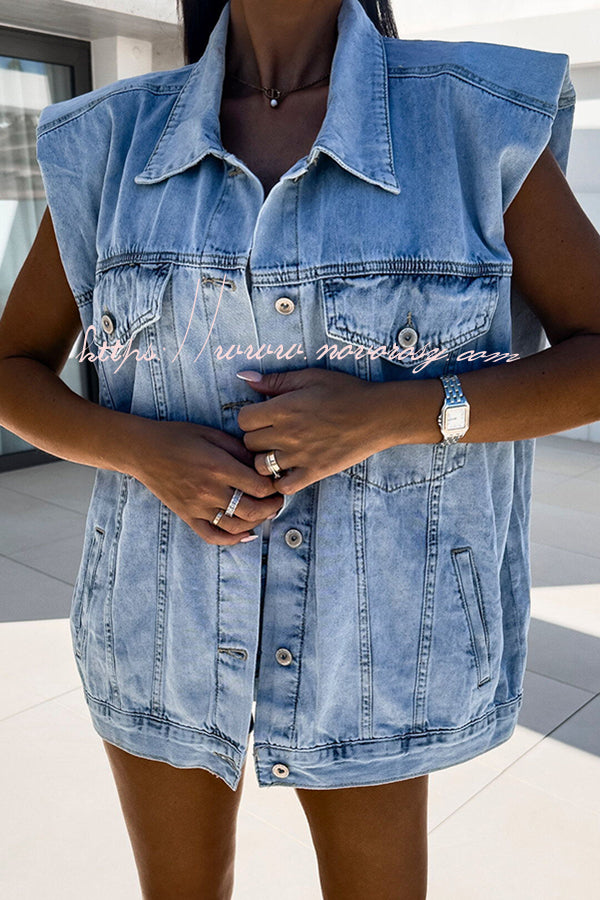 Overall Cool Button Lapel Pockets Denim Jacket