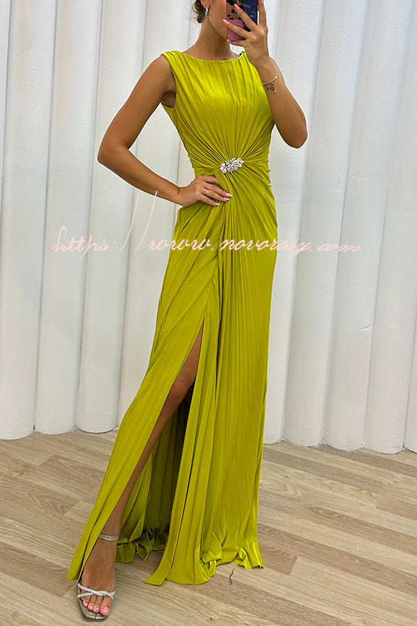 Pretty Special Pleated Embellished Slit Evening Maxi Dress