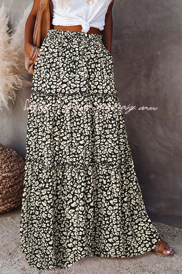 Floral Print Stretch Elastic Waist Pocket High Waist Skirt