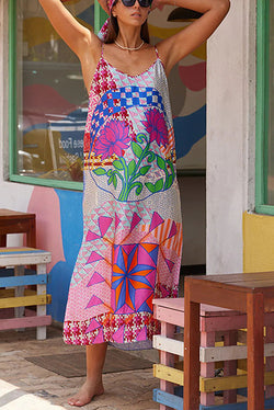 Vacation Forever Satin Funny Holiday Print Cami Slit Maxi Dress