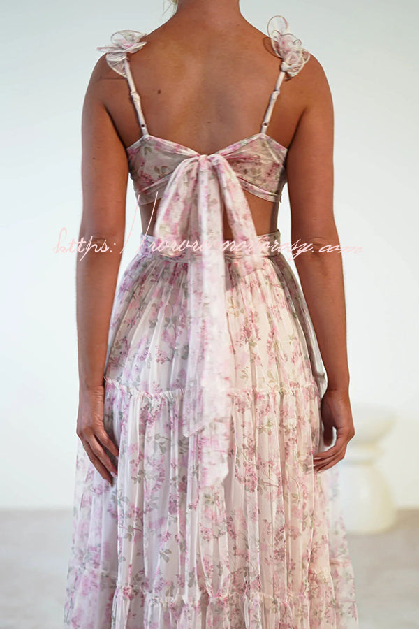Garden Fairy Tulle Floral Ruffle Detail Cutout Waist Back Tie-up Maxi Dress