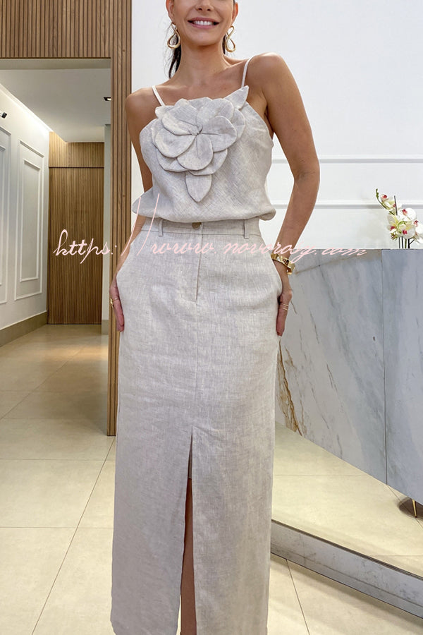 Charming Lady Linen Blend Floral Embellishment Tank and High Rise Pocketed Slit Skirt Set
