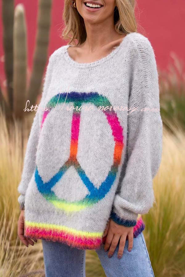 Love and Peace Knit Rainbow Pattern Loose Pullover Sweatershirt