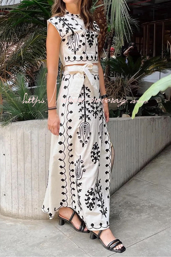 Rima Linen Blend Ethnic Print Crop Top & Tire-up Wrap Midi Skirt Set