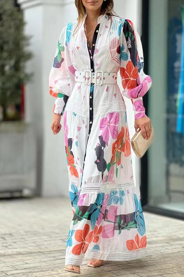 Floral Print Lace Paneled Single Breasted Long Sleeved Maxi Dress