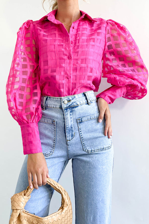 Town Kisses Square Patterned Sheer Long Sleeve Blouse