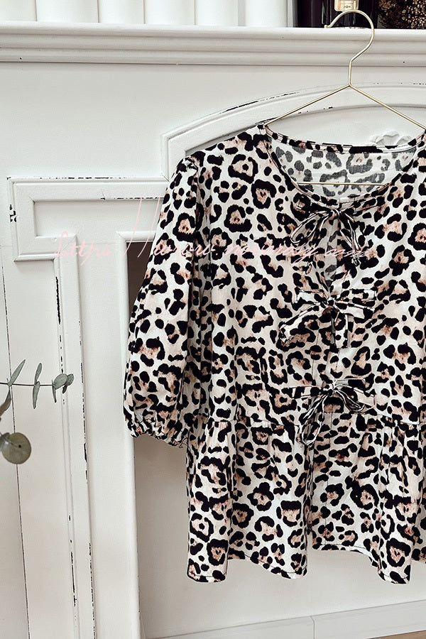 Wild and Cute Leopard Print Front Lace-up Puff Sleeve Patchwork Shirt