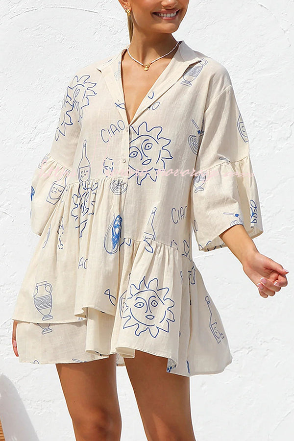 Shelby Unique Print Bell Sleeve Smock Style Tiered Shirt Mini Dress