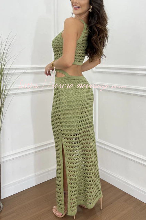 Stunning Gaze Knit Texture Ring Side Waist Cutout Stretch Maxi Dress