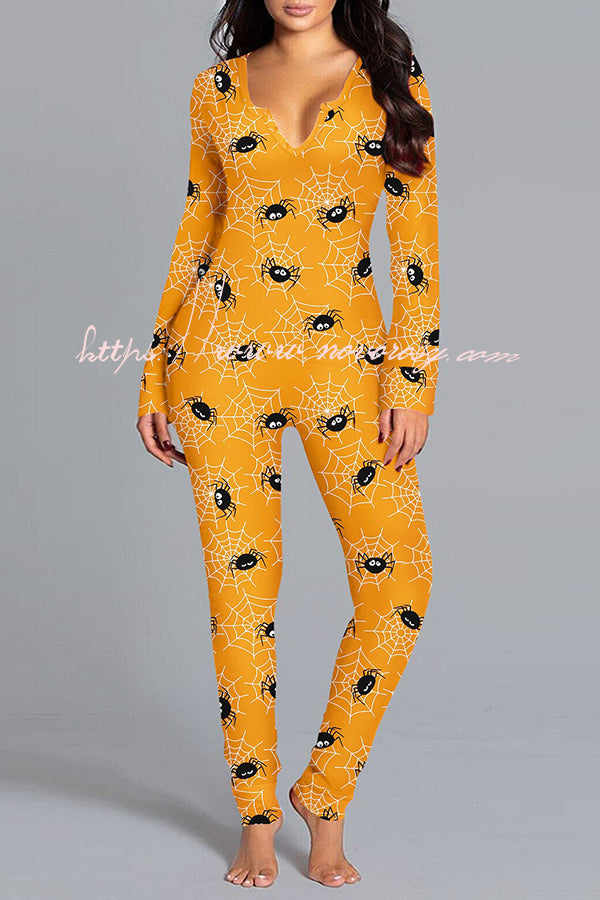 Ghost Country Halloween Print Long Sleeve Lounge Jumpsuit
