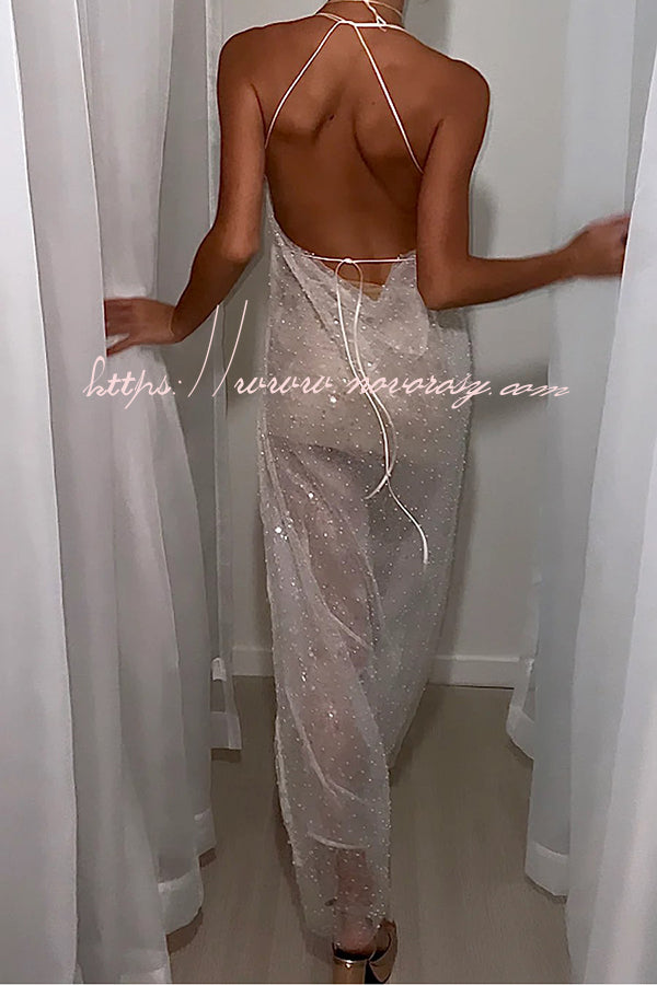 Flirty Moments Sequins Mesh Cowl Neck Open Back Strappy Maxi Dress