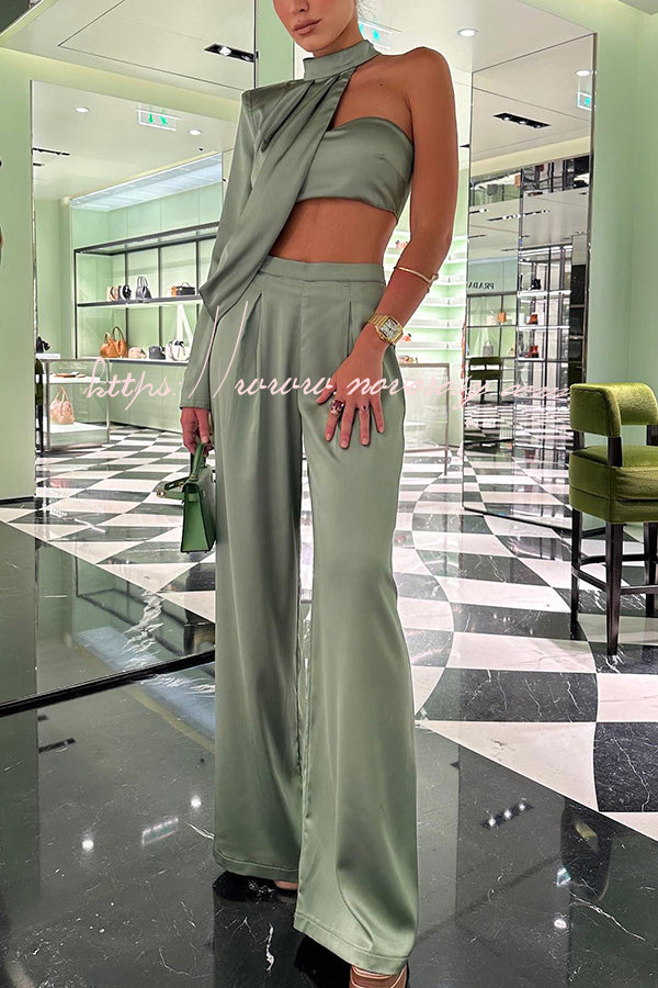 Kaysee Satin One Shoulder Halterneck Top and Pants Two-piece Suit