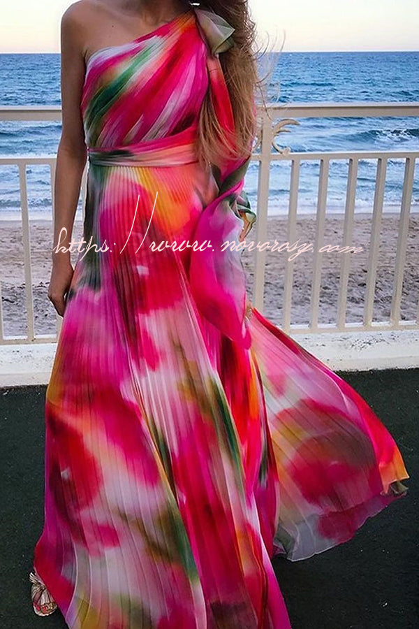 Multicolor Printed High Waisted One Shoulder Pleated Tie Maxi Dress