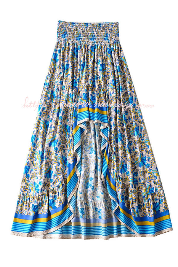 Blooming for You Floral Boho Printed Smocked Waist High Low Maxi Skirt
