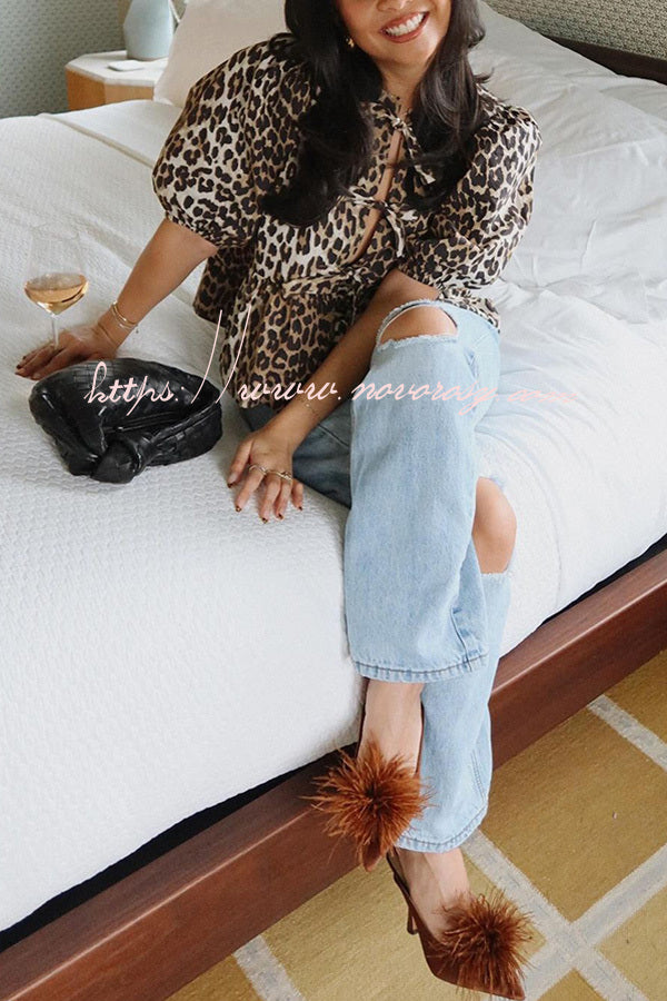 Wild and Cute Leopard Print Front Lace-up Puff Sleeve Patchwork Shirt