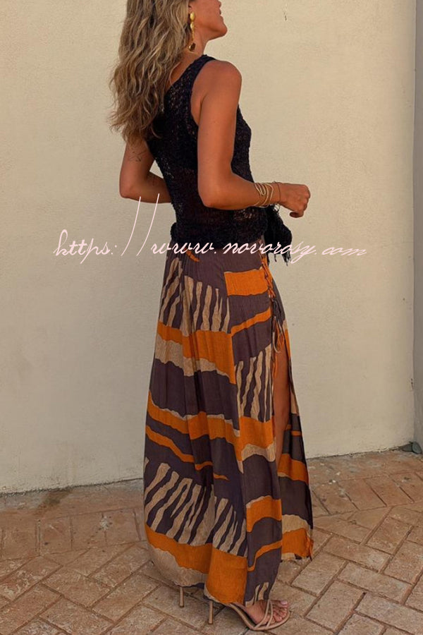 Bendita Colorblock Print Elastic Waist Side Lace-up Slit Maxi Skirt