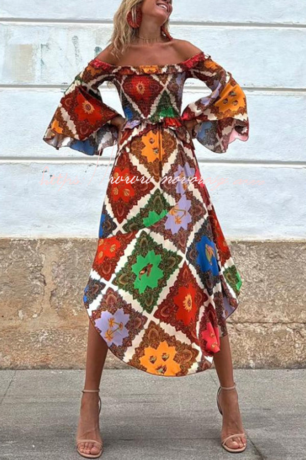 Kiara Colorful Paisley Print Smocked Off Shoulder Bell Sleeve Midi Dress