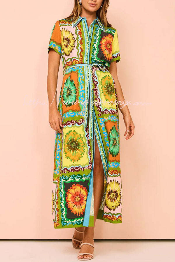 Exaggerated Unique Print Lace Up Button Maxi Dress