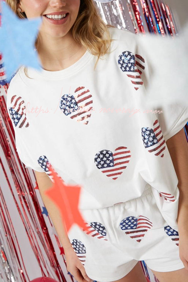 Independence Day Flag Sequined Stretch Waist Pocket Shorts Set