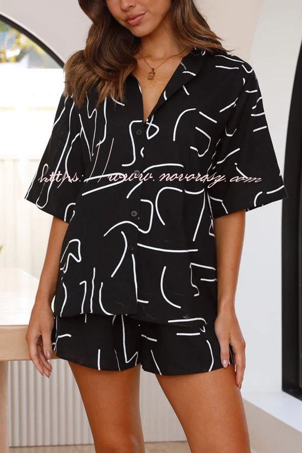 Trina Linen Blend Doodle Printed Button Up Shirt and Elastic Waist Shorts Set