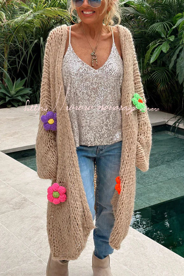 A Different Story Knit Hollow Out Multi Color 3D Flowers Oversized Midi Cardigan
