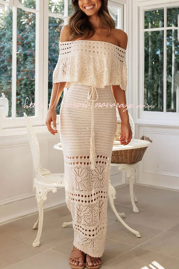 Jolene Knit Crochet Texture Off Shoulder Drawstring Waist Maxi Dresses