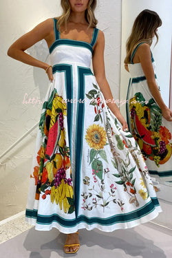 Italian Coastline Fruit Floral Print Back Smocked Maxi Dress