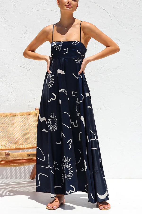 Elide Satin Unique Print Back Smocked Vacation Maxi Dress