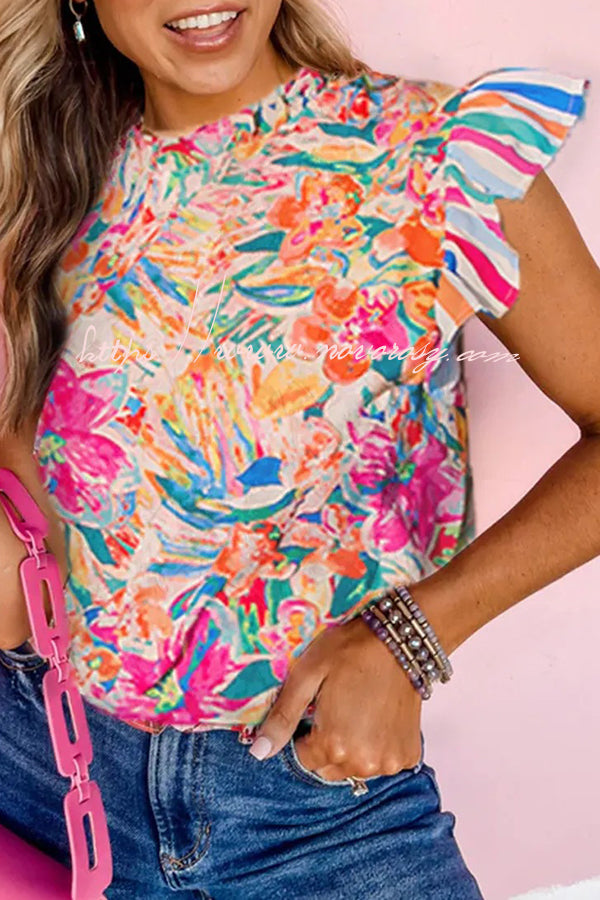 Round Neck Abstract Colorful Print Top