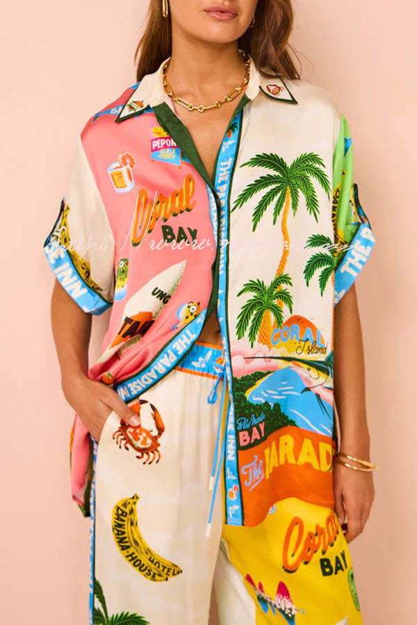 Kissed By The Sun Satin Unique Print Colorblock Button Down Oversized Blouse