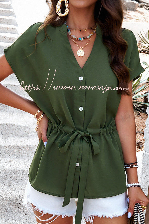 Lace Up Solid Pleated Button V Neck Short Sleeved Shirt