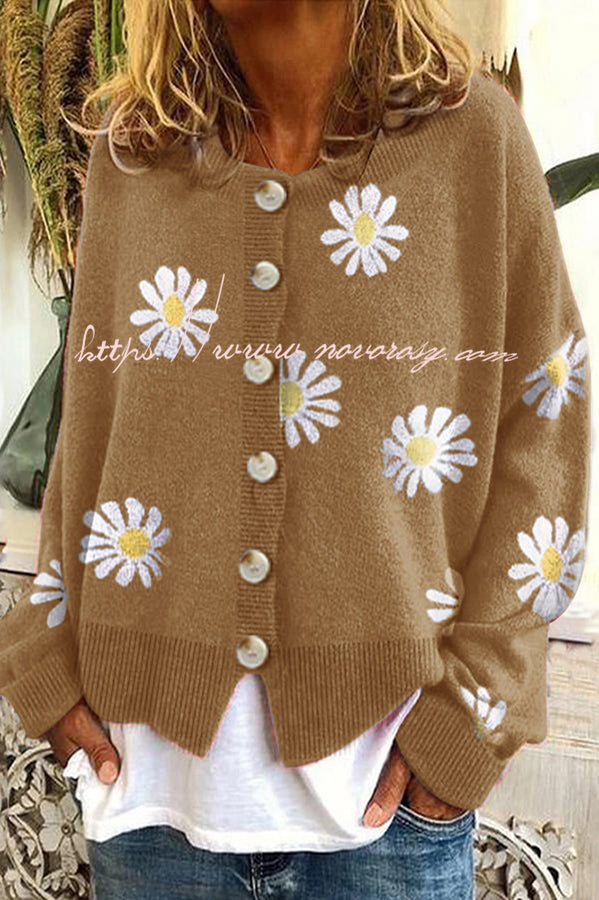 Chrysanthemum Embroidery Knitting Button Down Cardigan Coats