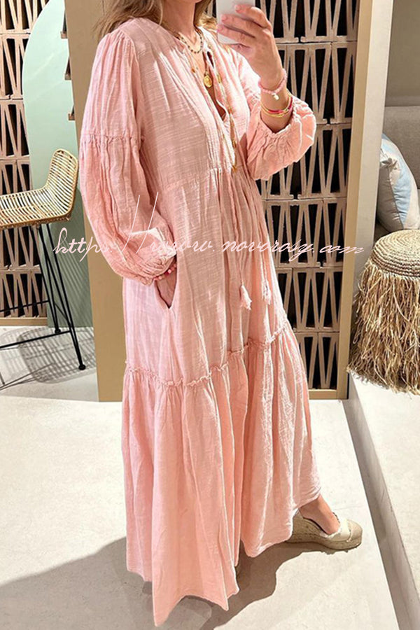 Simple V Neck Lace Up Pleated Maxi Dress