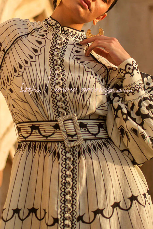 Perfect for Spring Linen Blend Ethnic Print Button Balloon Sleeve Belted Shirt Midi Dress
