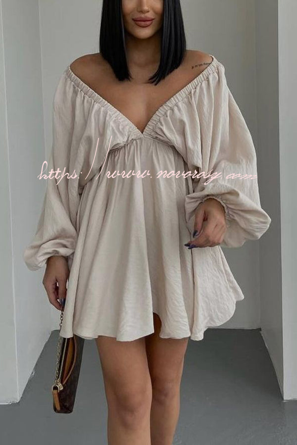 V Neck Puff Sleeve Solid Color Resort Style Mini Dress