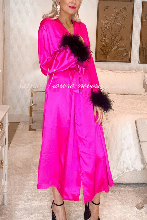 Finding Romance Feather Trim Belted Pajama Loungewear Cover-ups