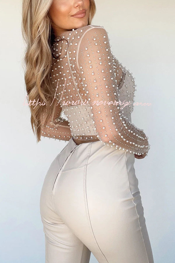 Party Princess Mesh Pearl Embellished Long Sleeve Top