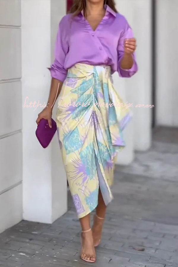 Solid Button Down Shirt and Floral Print Ruched Midi Skirt Two Piece Set